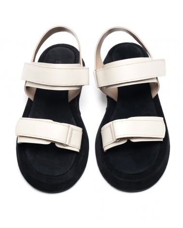 CHORA, BLACK IVOIRE, ESIOT Leather Strappy Sandals, Velcro, 4, esiot ss24