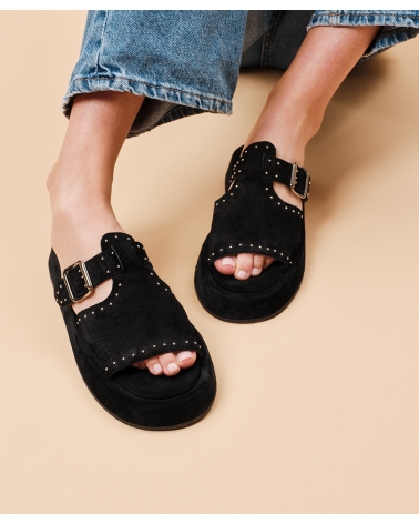 DRAKONISI, BLACK, ESIOT Suede Leather Slides 6, esiot ss24